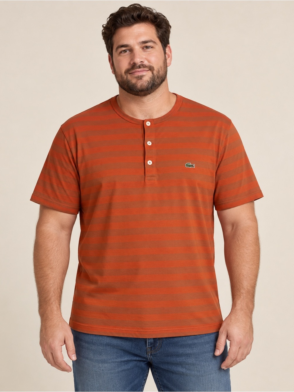 Lacoste Men’s Rust and Brick-Red Striped Henley Tee